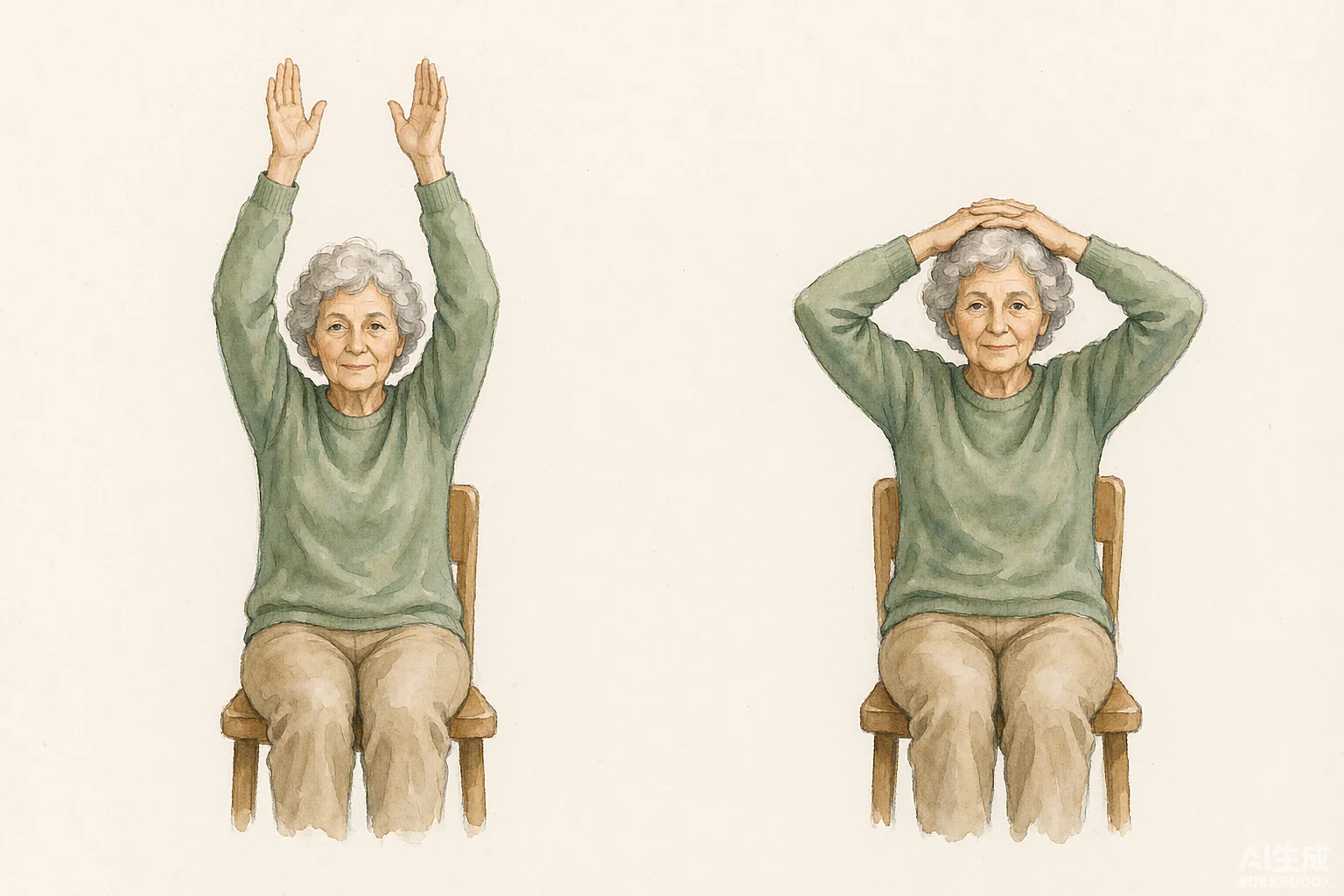 Two-panel watercolour illustration of a silver-haired older woman seated on a wooden chair, shown in two consecutive phases of the same movement: on the left both arms are raised straight above her head with the palms facing up; on the right both palms rest lightly on the top of her head, pressing down gently.