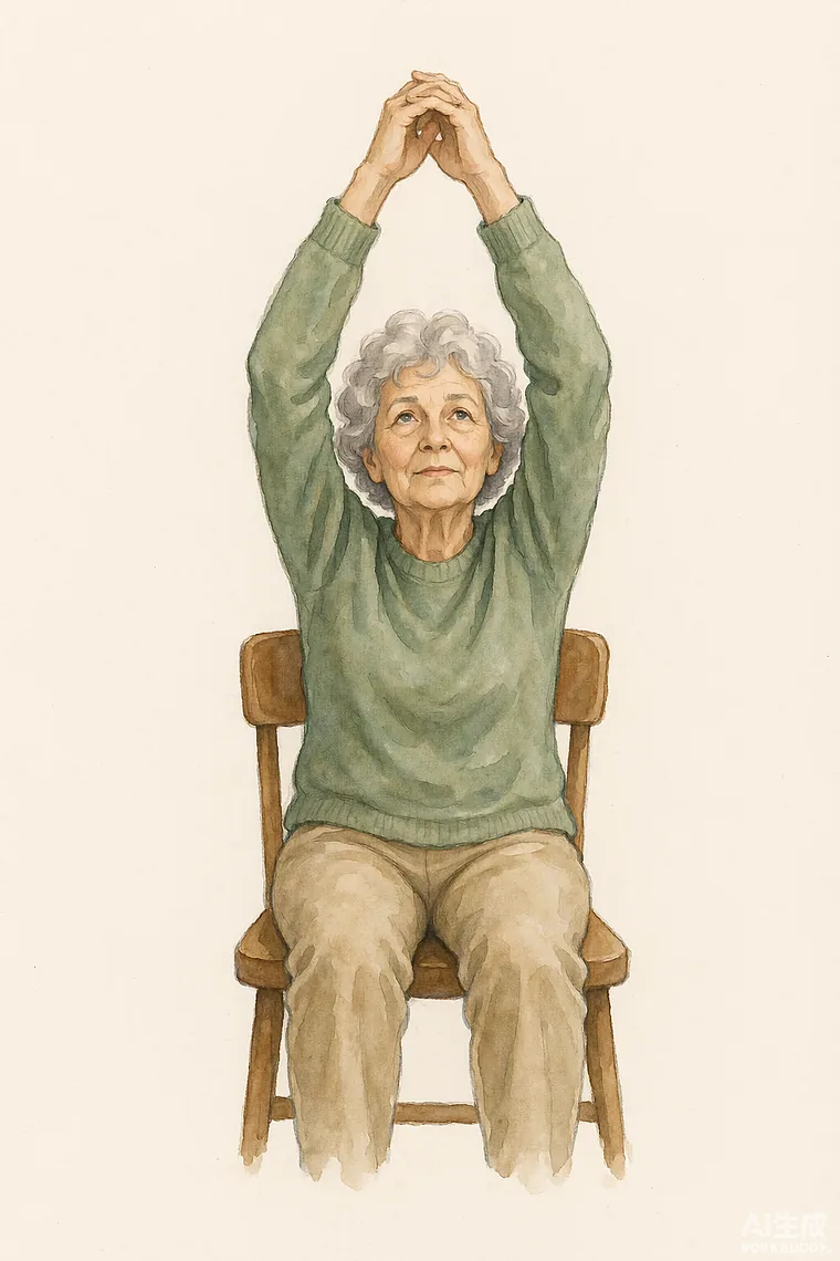 Watercolour illustration of a silver-haired older woman seated on a chair who raises both arms overhead, fingers interlaced and palms turned upward, performing the seated version of Two Hands Hold up the Heavens.